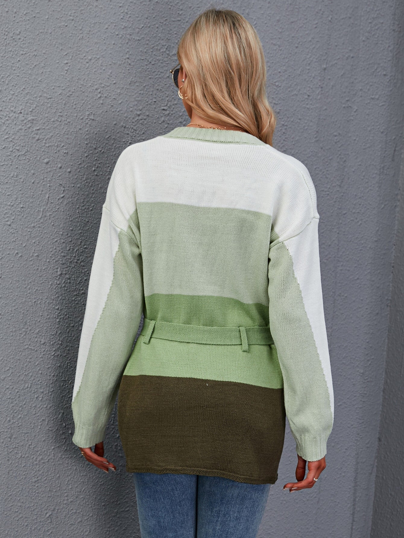 Color Block Drop Shoulder Belted Cardigan