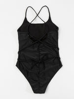 Solid Lace Up One Piece Swimsuit