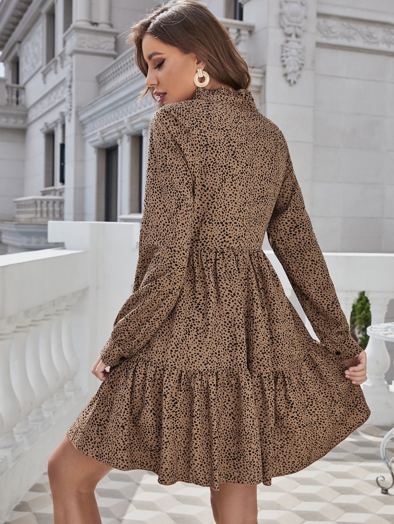 Dalmatian Print Notched Ruffle Hem Dress