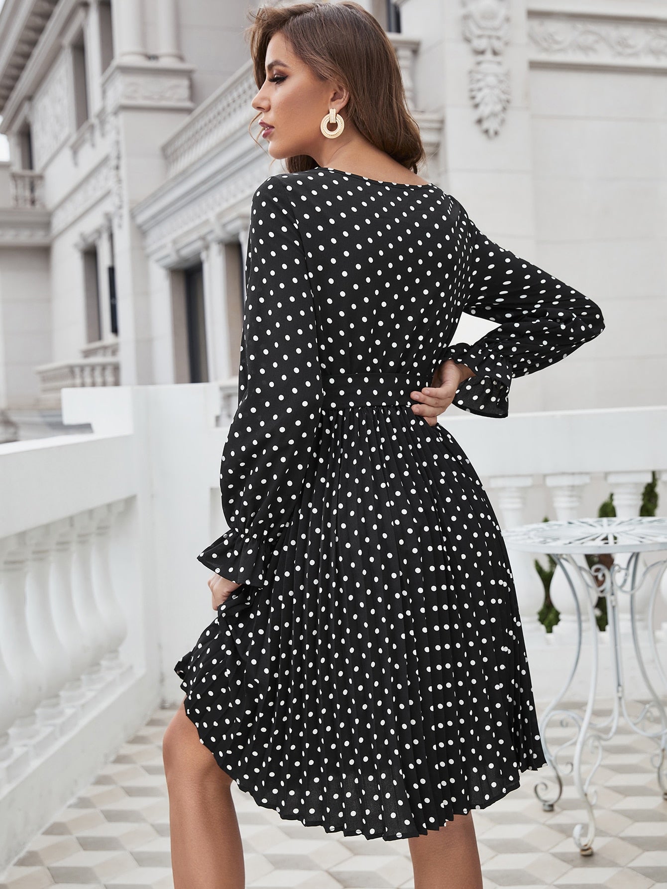 Polka Dot Print Flounce Sleeve Belted Dress