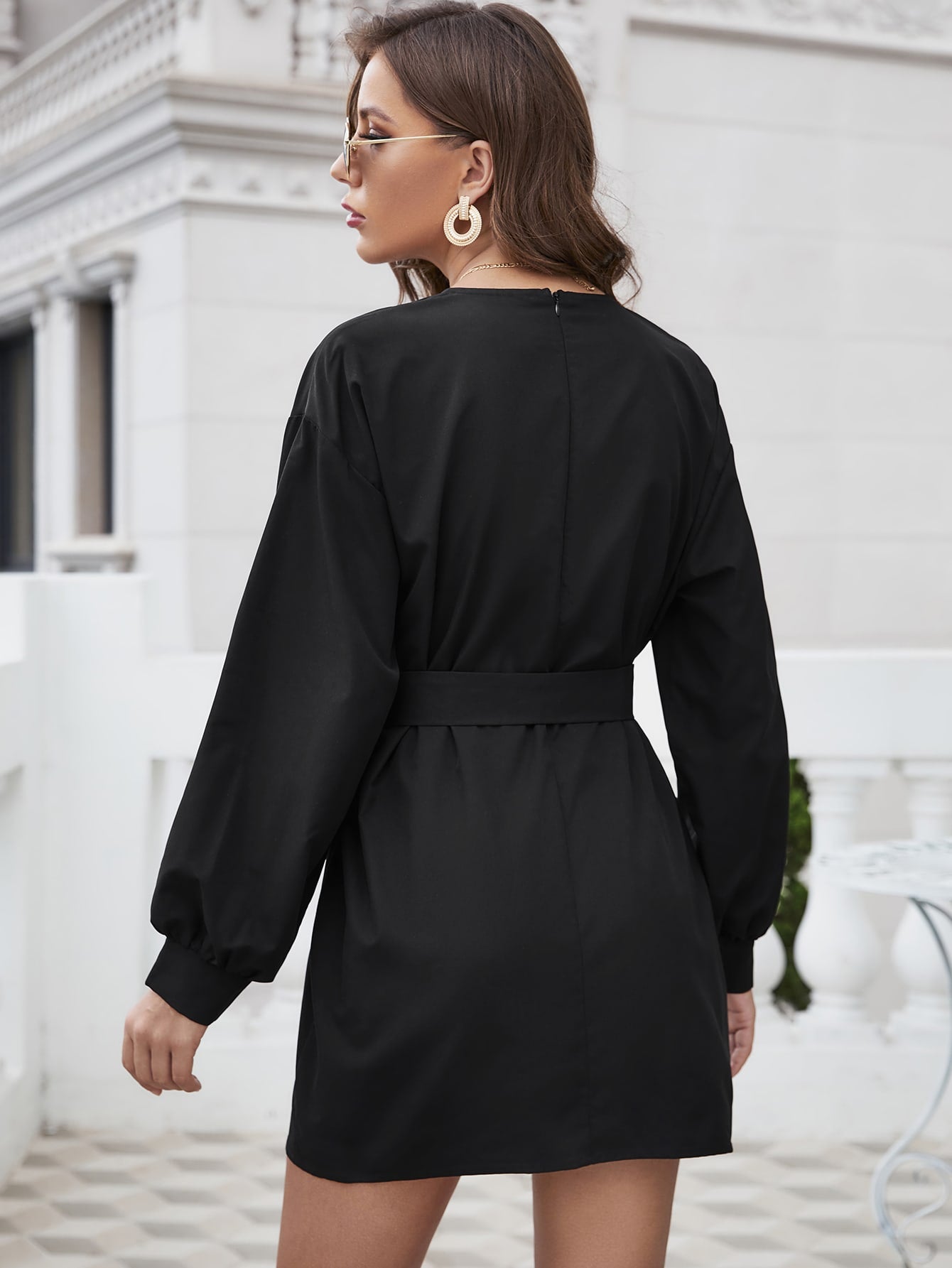 Solid Lantern Sleeve Belted Dress