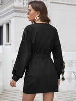 Solid Lantern Sleeve Belted Dress