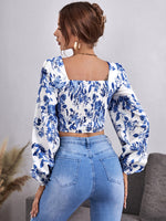 Floral Print Lantern Sleeve Ruched Shirred Crop Satin Blouse