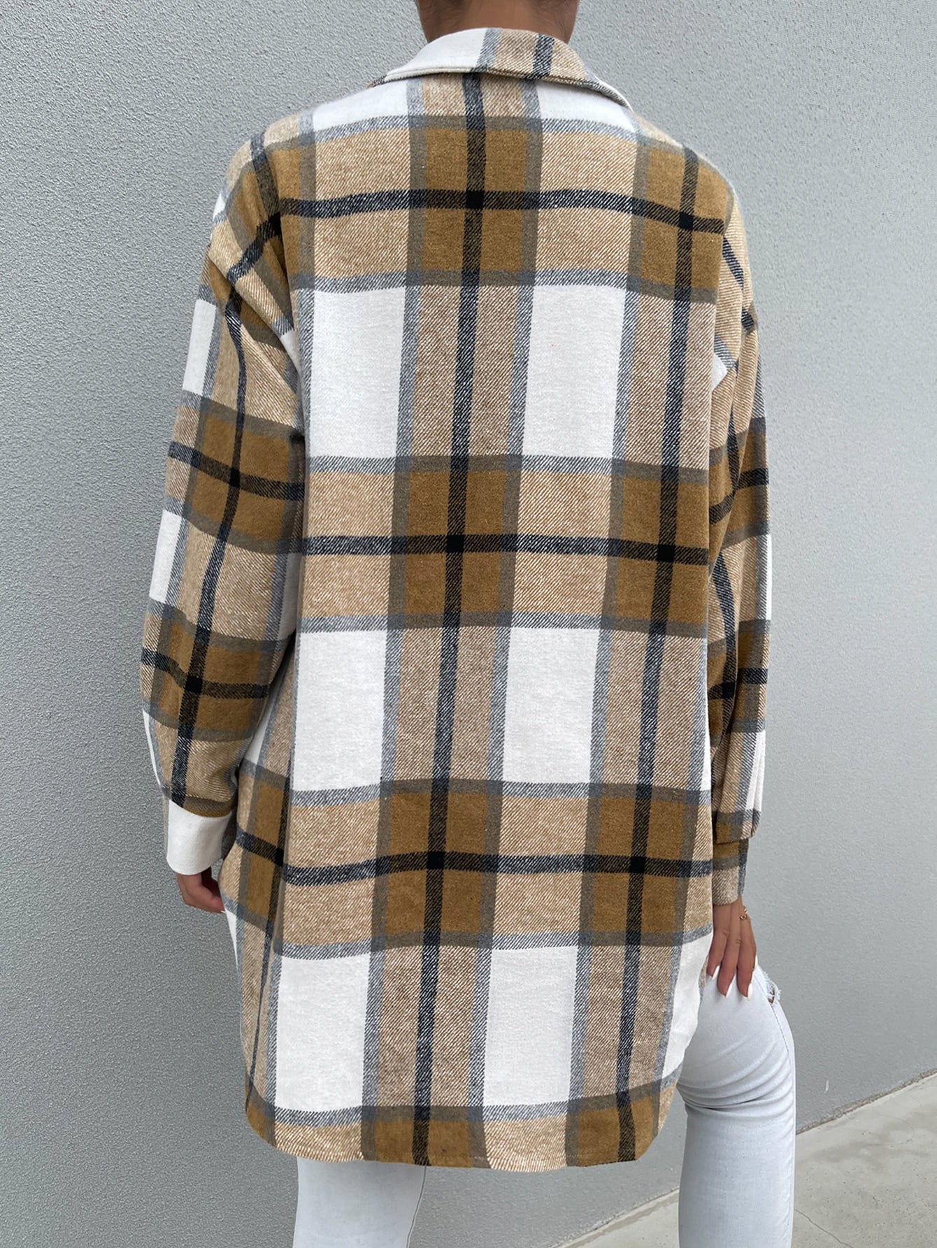Dual Pocket Drop Shoulder Plaid Overcoat