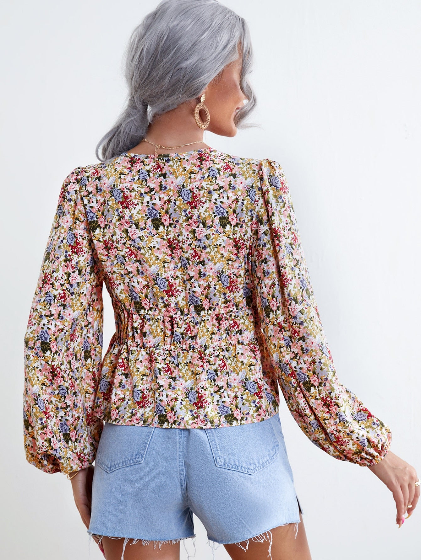 Ditsy Floral Peplum Hem Bishop Sleeve Knot Front Blouse