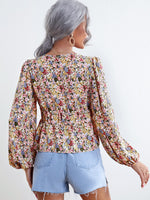 Ditsy Floral Peplum Hem Bishop Sleeve Knot Front Blouse