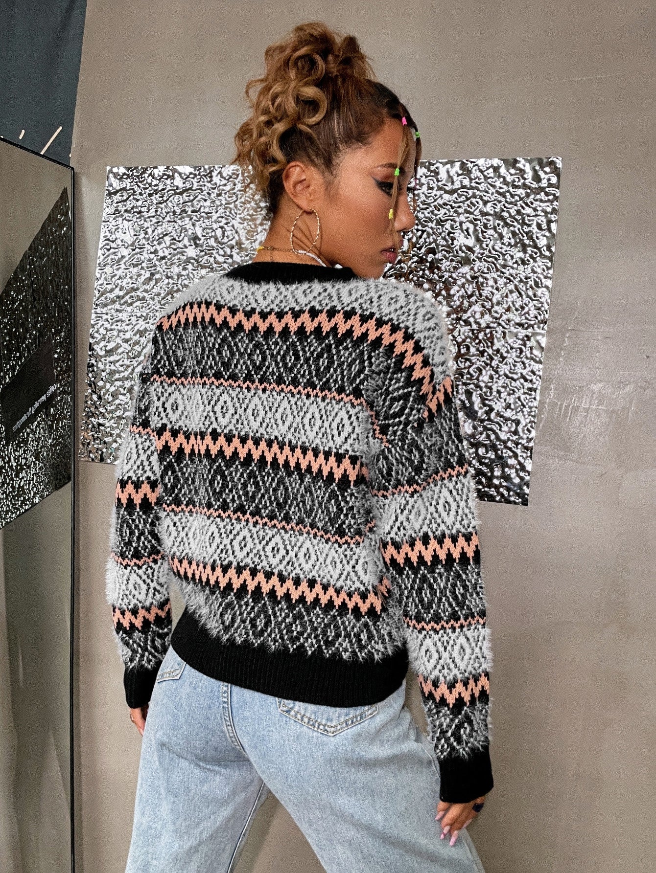 Chevron & Argyle Pattern Drop Shoulder Fuzzy Sweater