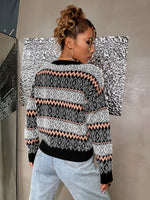 Chevron & Argyle Pattern Drop Shoulder Fuzzy Sweater