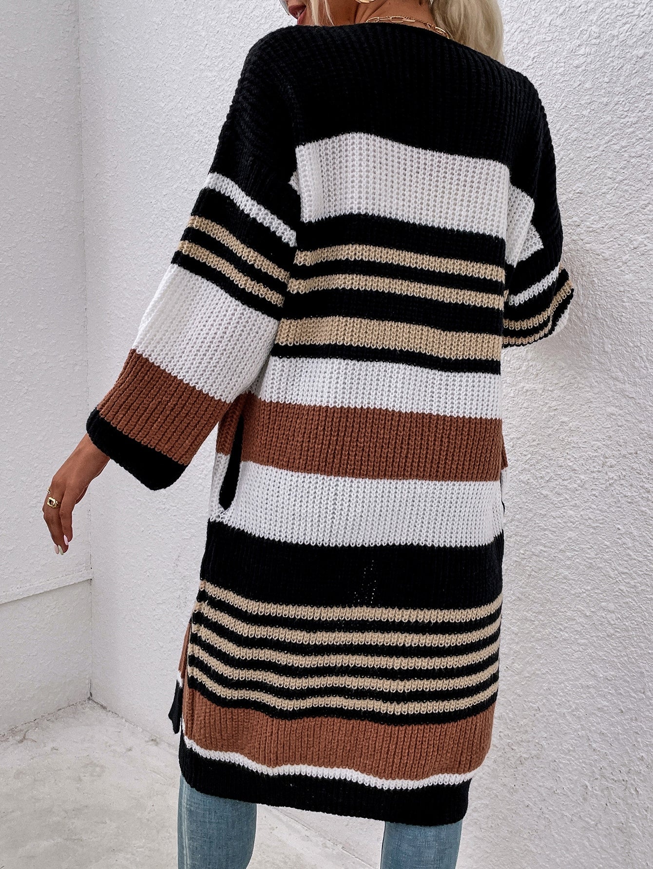 Striped Pattern Cut And Sew Drop Shoulder Cardigan