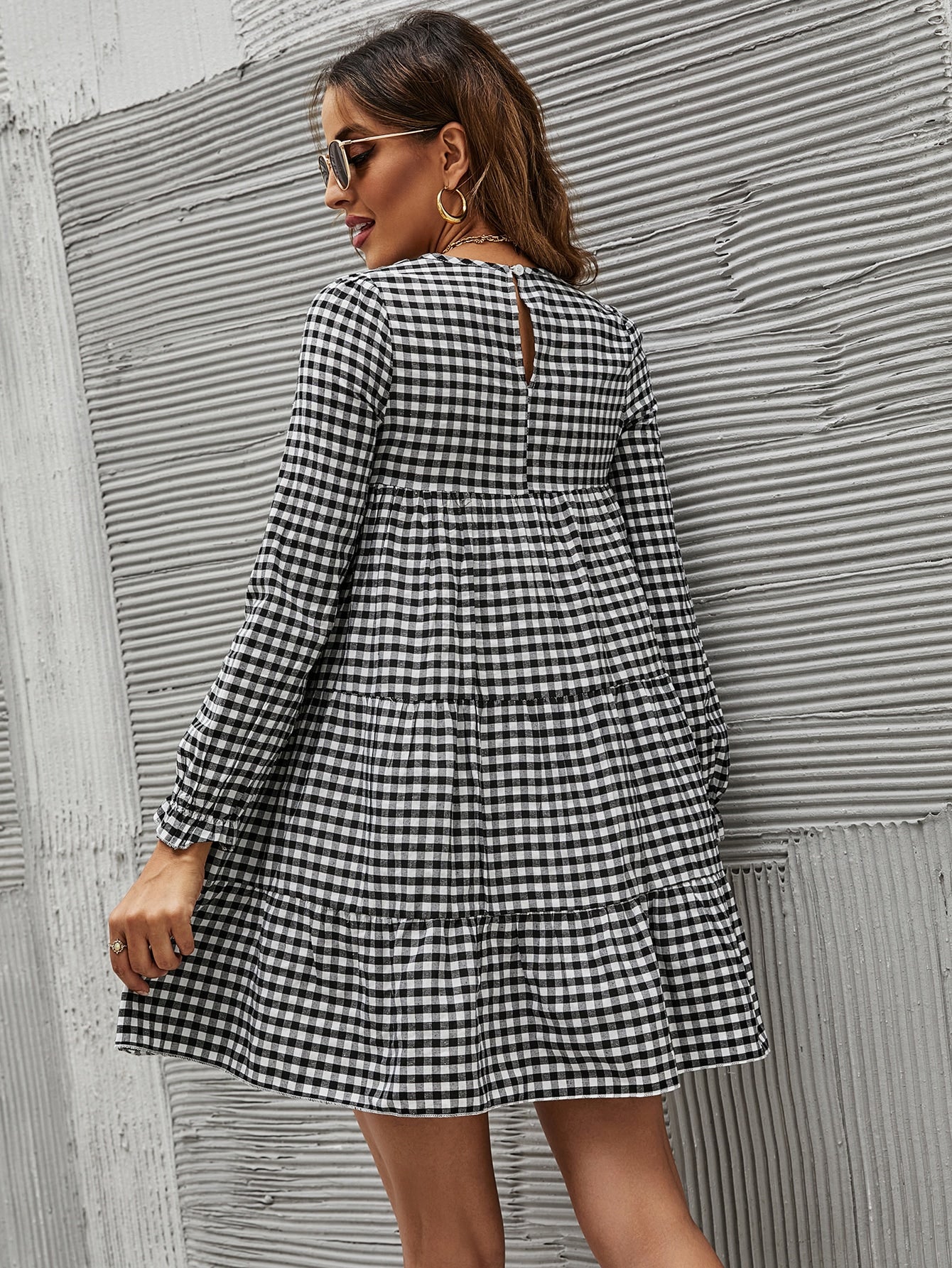 Gingham Print Flounce Sleeve Ruffle Hem Smock Dress