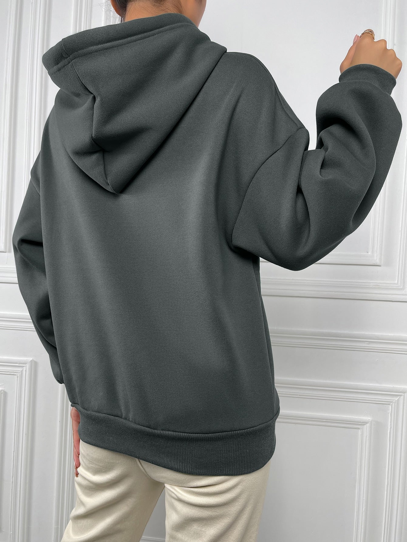 Slogan & Figure Graphic Kangaroo Pocket Drop Shoulder Drawstring Thermal Hoodie