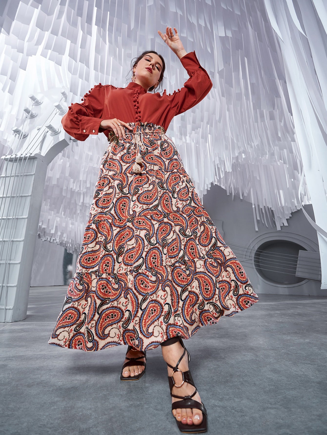 Plus Paisley Print Elastic Waist Skirt