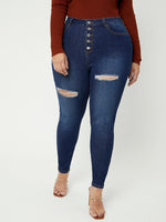 Plus High Waist Button Detail Ripped Skinny Jeans