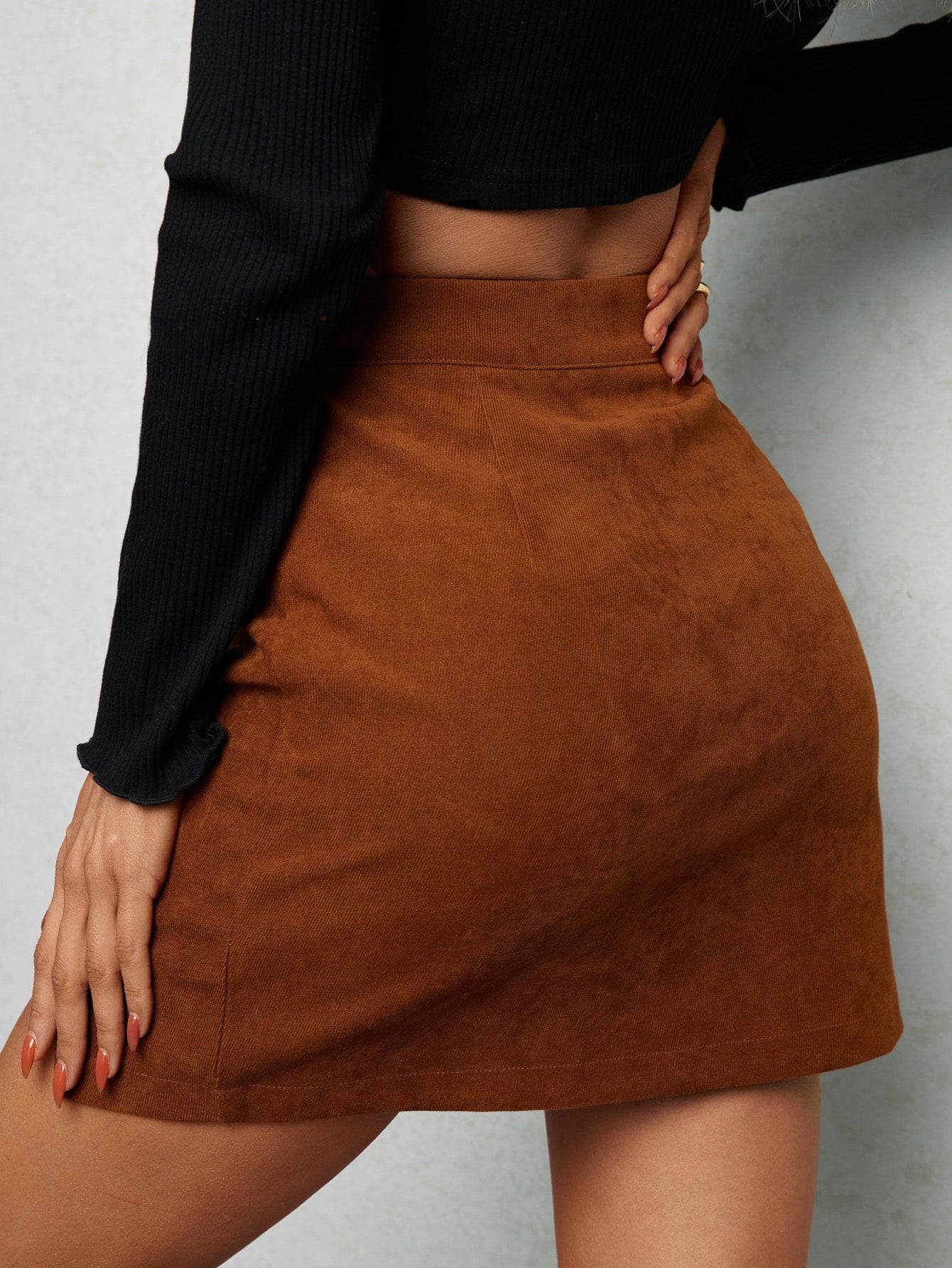 Zip Up Asymmetrical Hem Corduroy Skirt