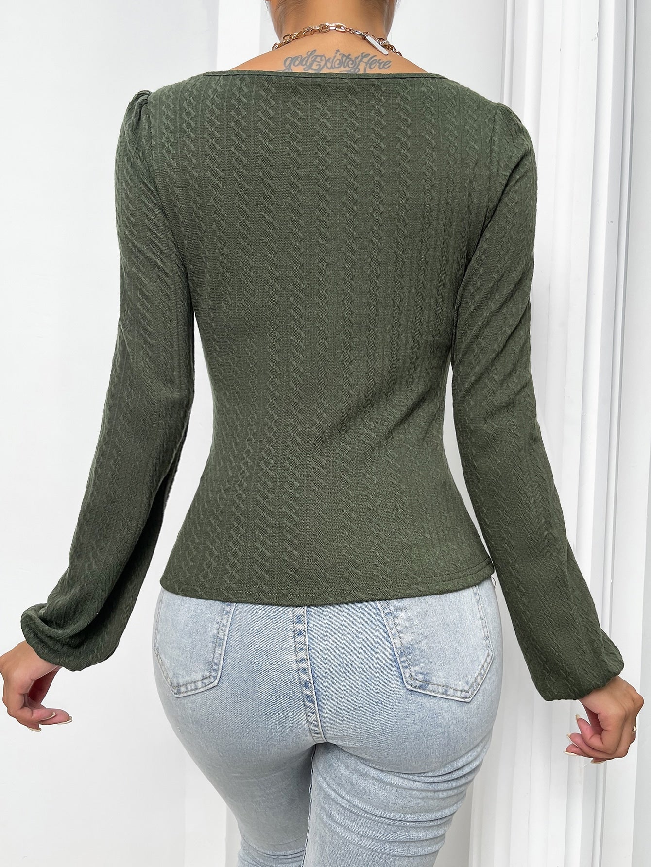 Textured Ruched Bust Lantern Sleeve Tee