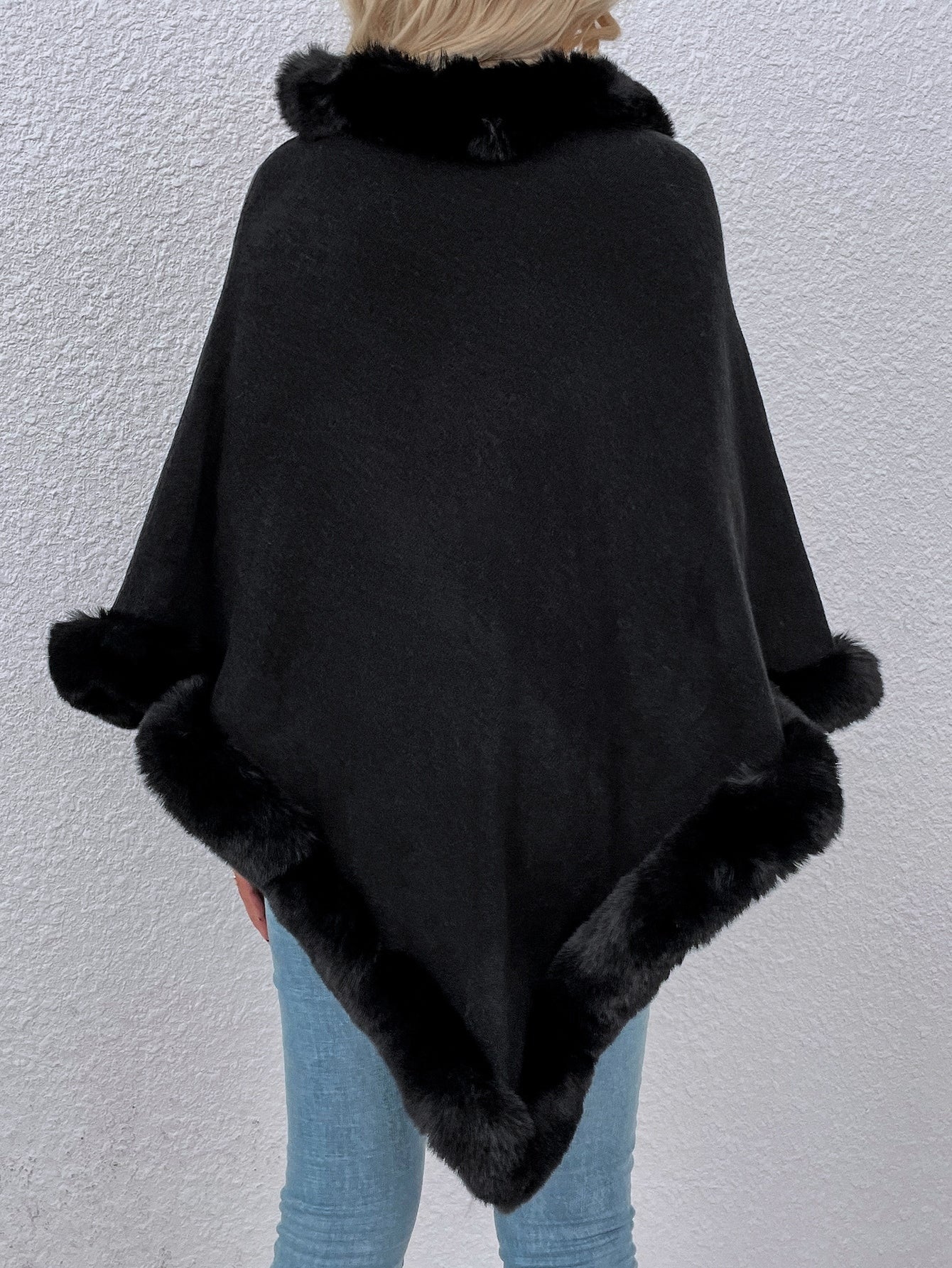 Fuzzy Trim Asymmetric Knit Poncho