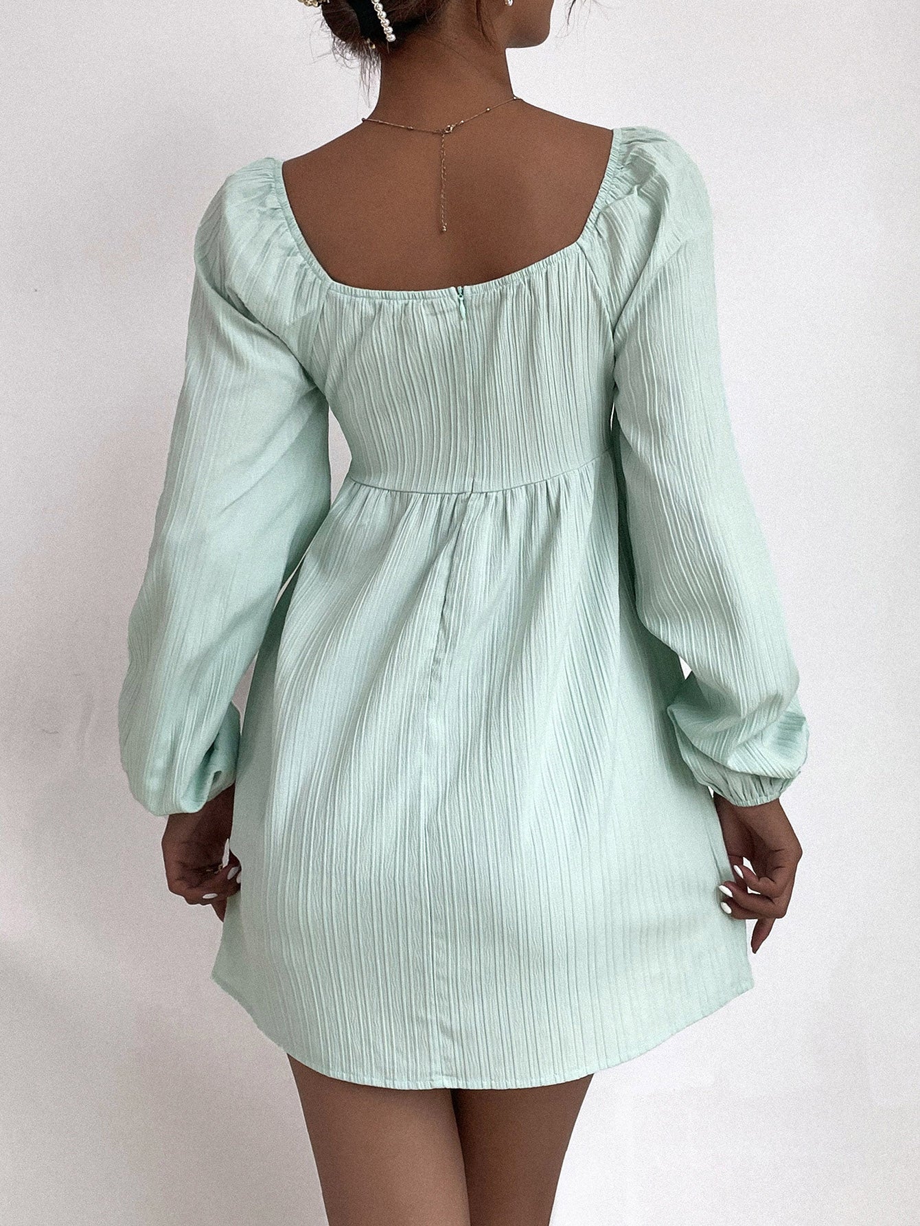 Sweetheart Neck Drawstring Ruched Front Lantern Sleeve Dress