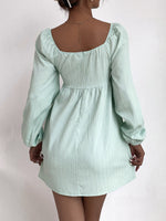 Sweetheart Neck Drawstring Ruched Front Lantern Sleeve Dress