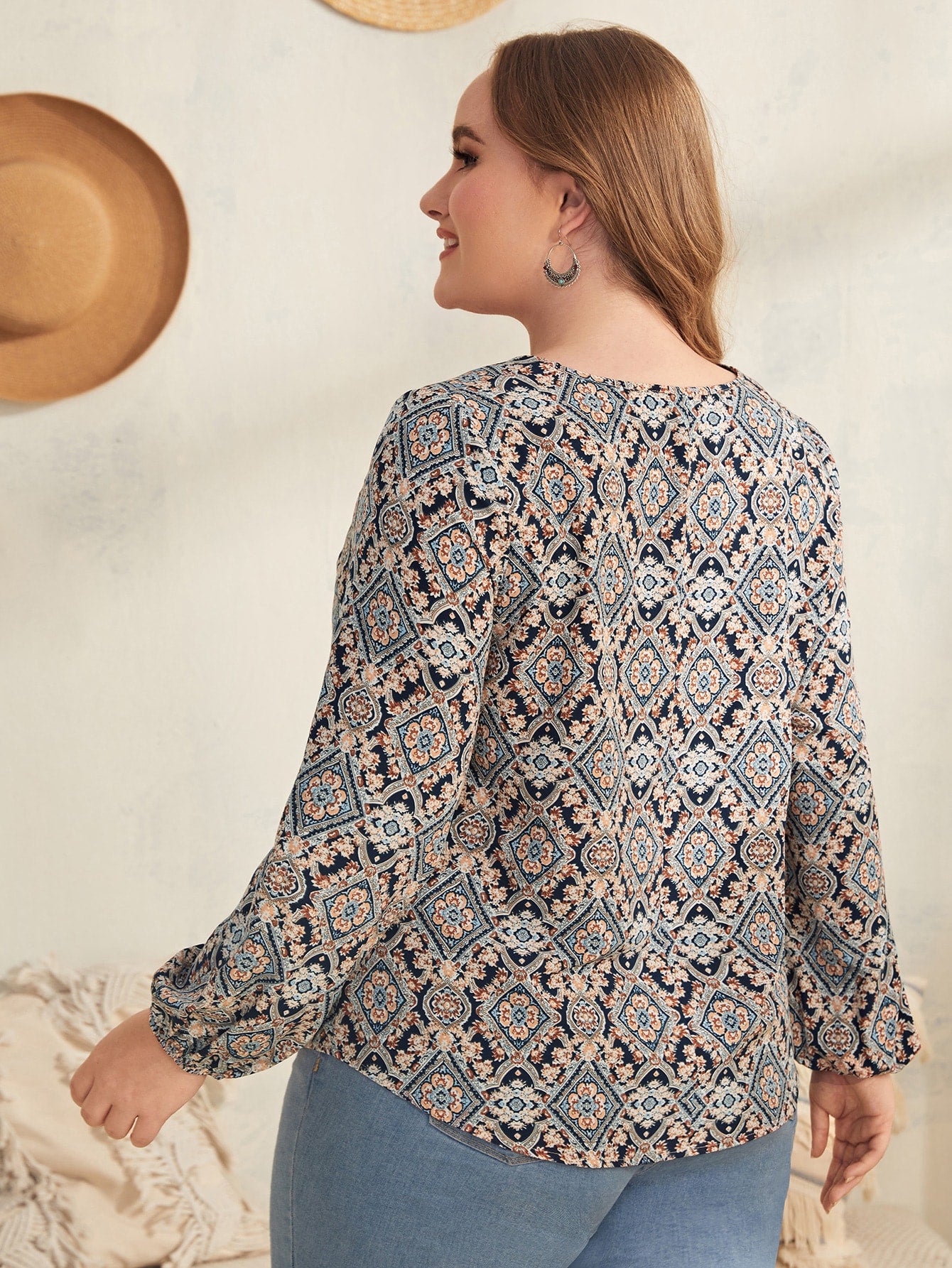 Plus Damask Print Bishop Sleeve Notched Neck Blouse