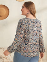 Plus Damask Print Bishop Sleeve Notched Neck Blouse