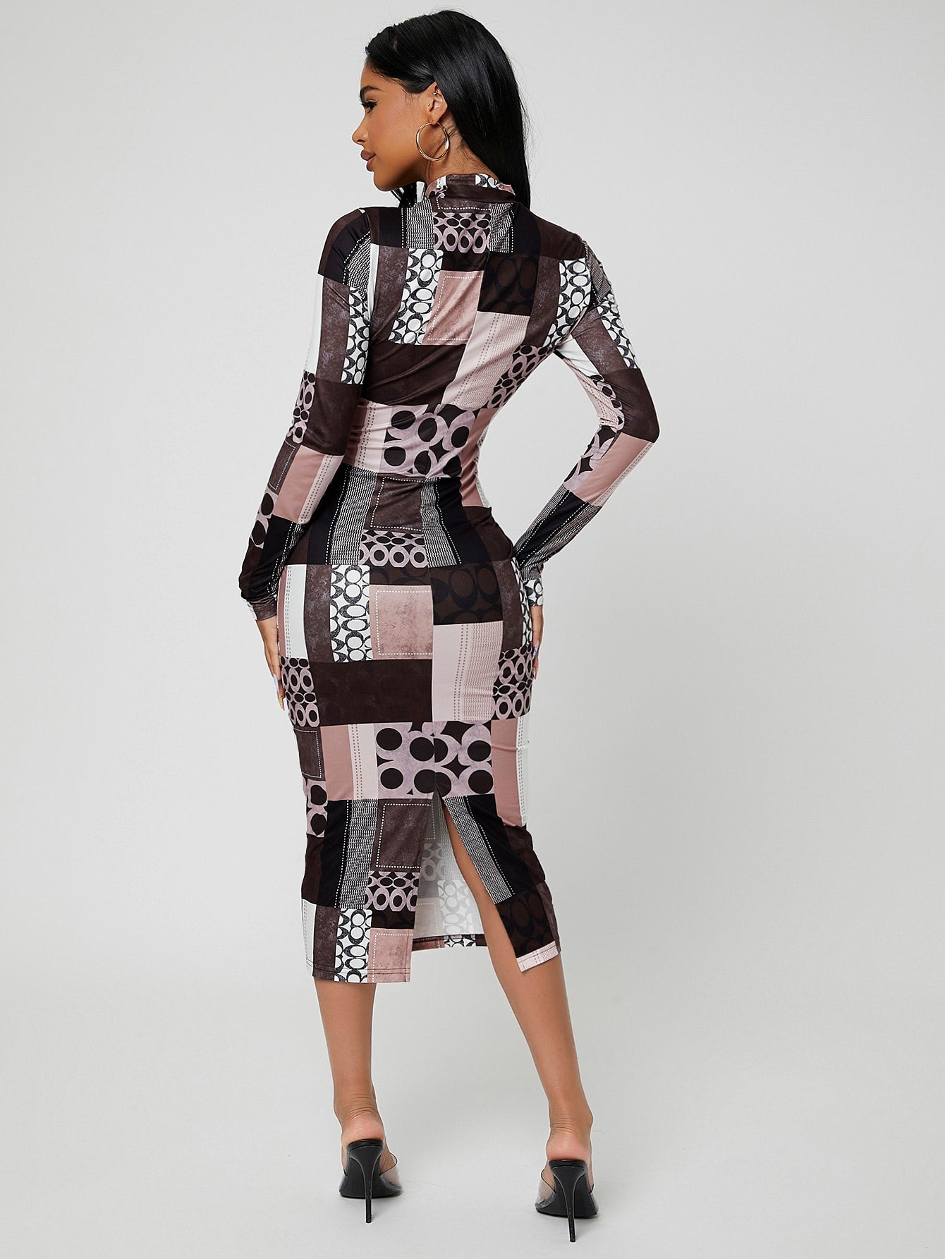 Mock Neck Slit Back Patchwork Print Bodycon Dress