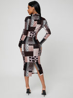 Mock Neck Slit Back Patchwork Print Bodycon Dress