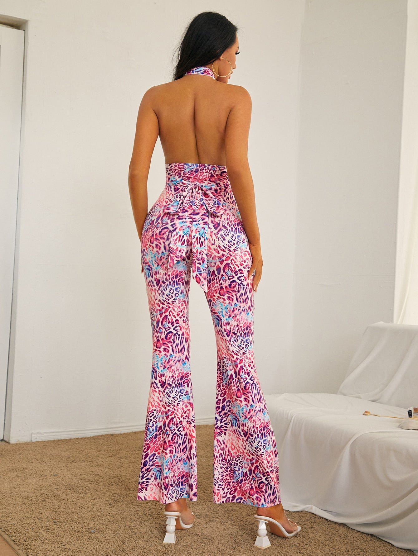 Leopard Flare Leg Backless Halter Jumpsuit