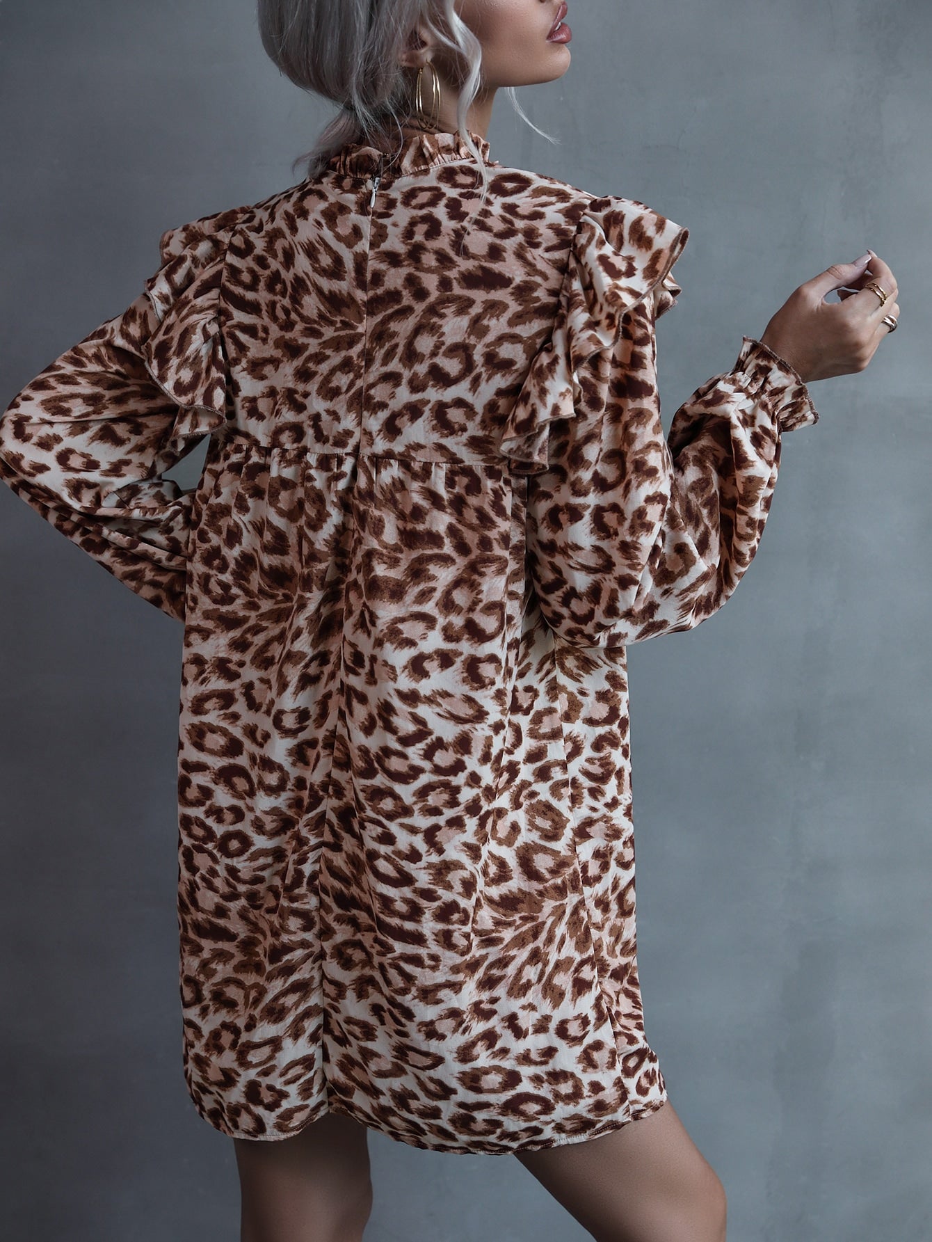 Leopard Ruffle Trim Flounce Sleeve Dress Without Belt