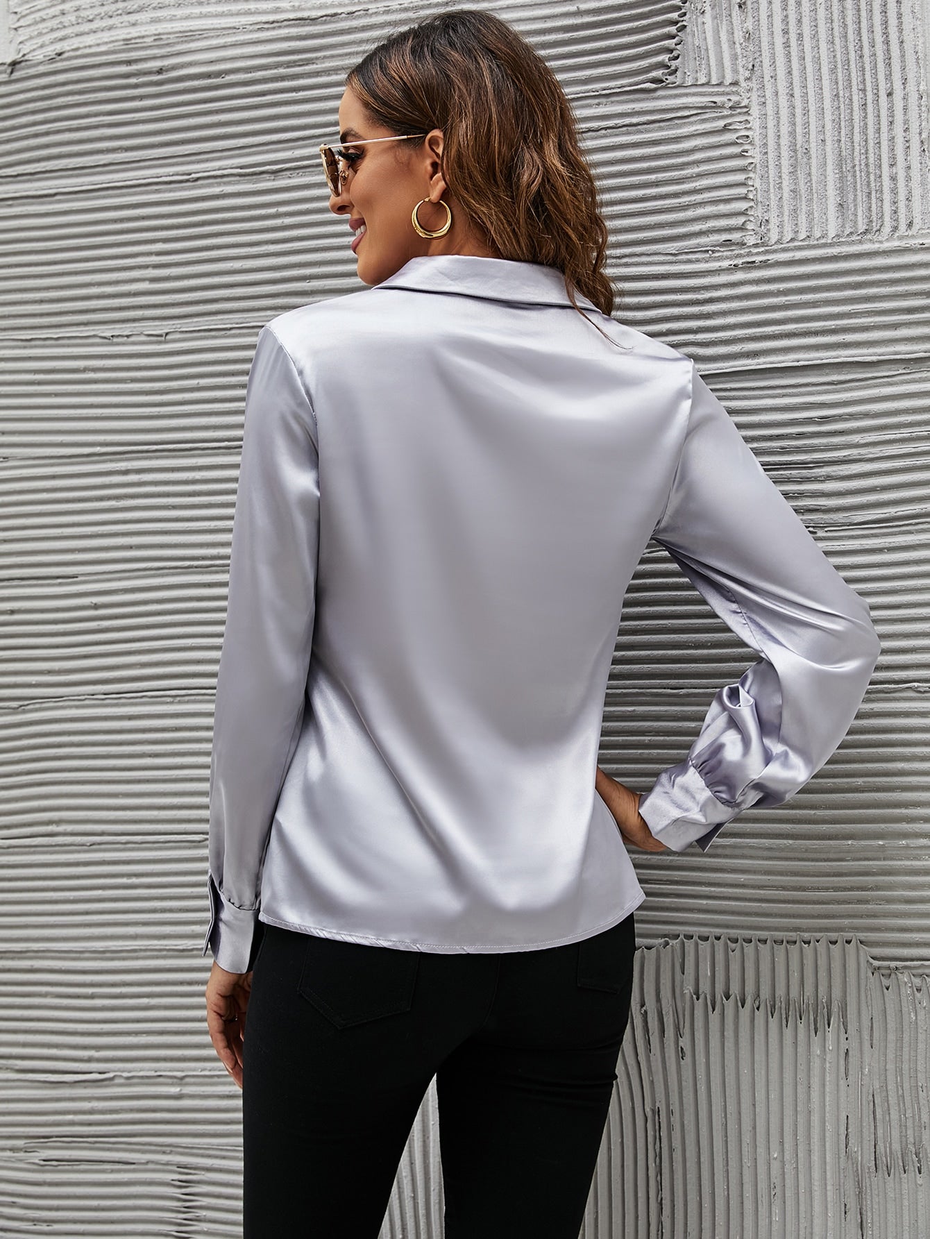 Solid Blouson Sleeve Satin Blouse
