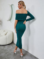 Asymmetrical Neck Belted Glitter Bodycon Dress