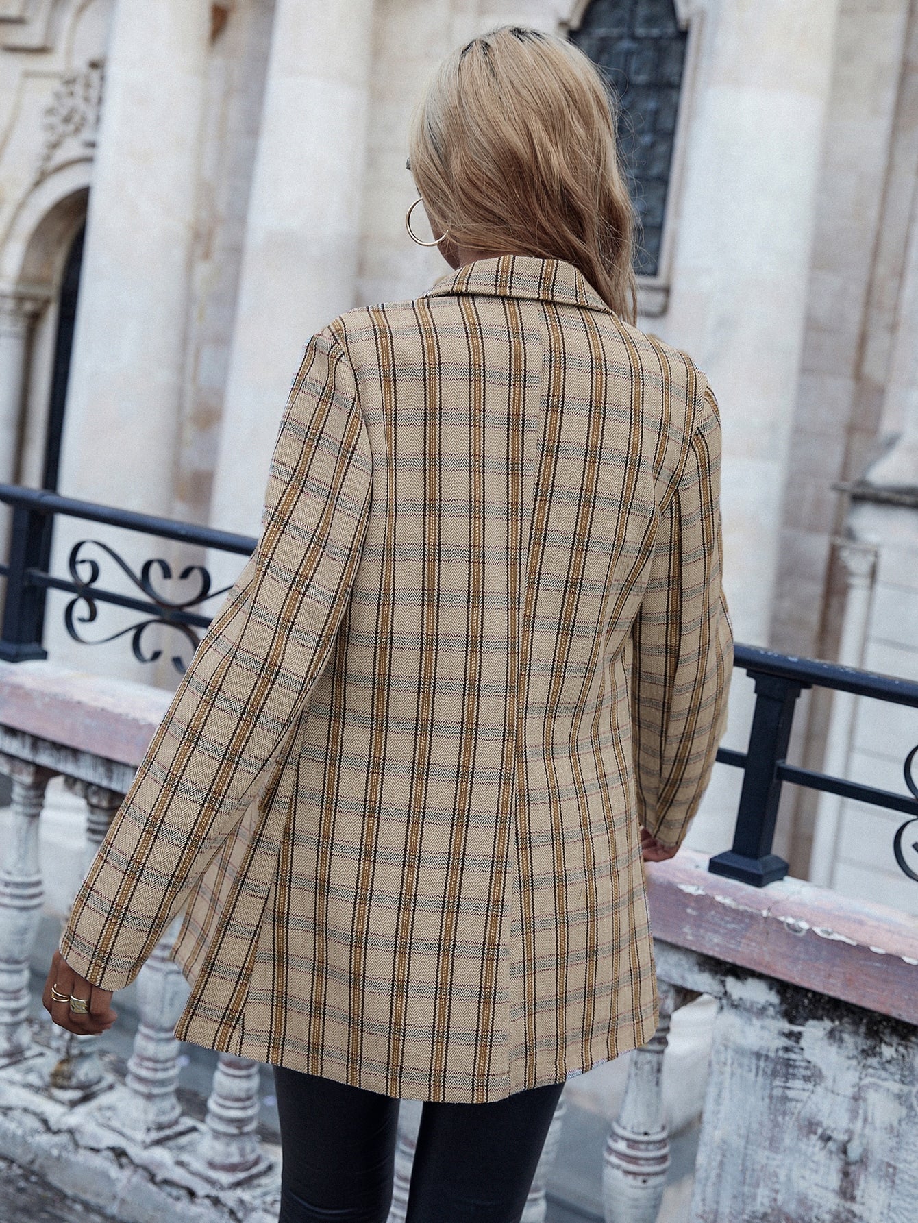 Plaid Lapel Neck Double Breasted Tweed Overcoat Without Belt