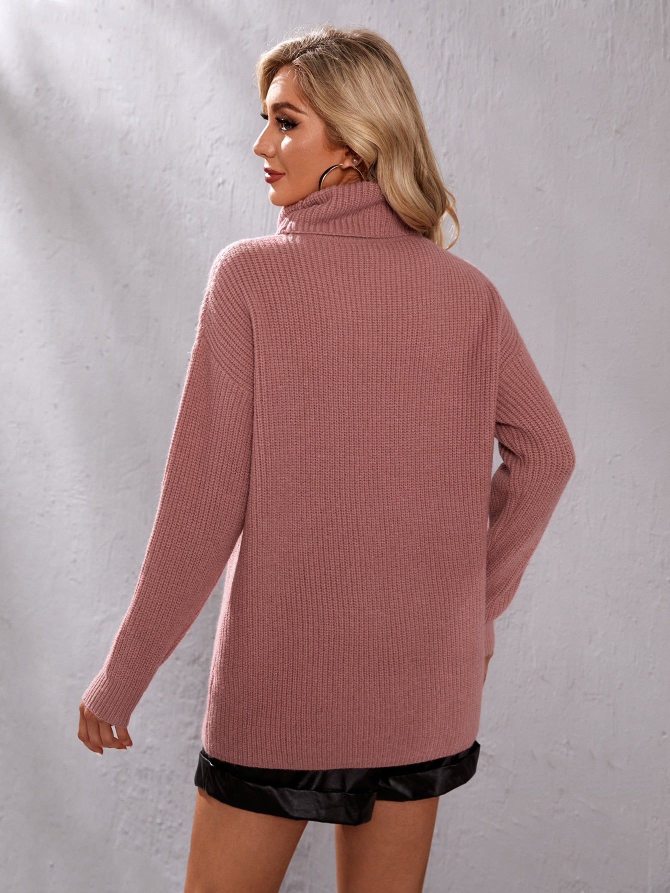 Funnel Neck Ribbed Knit Sweater Without Belt