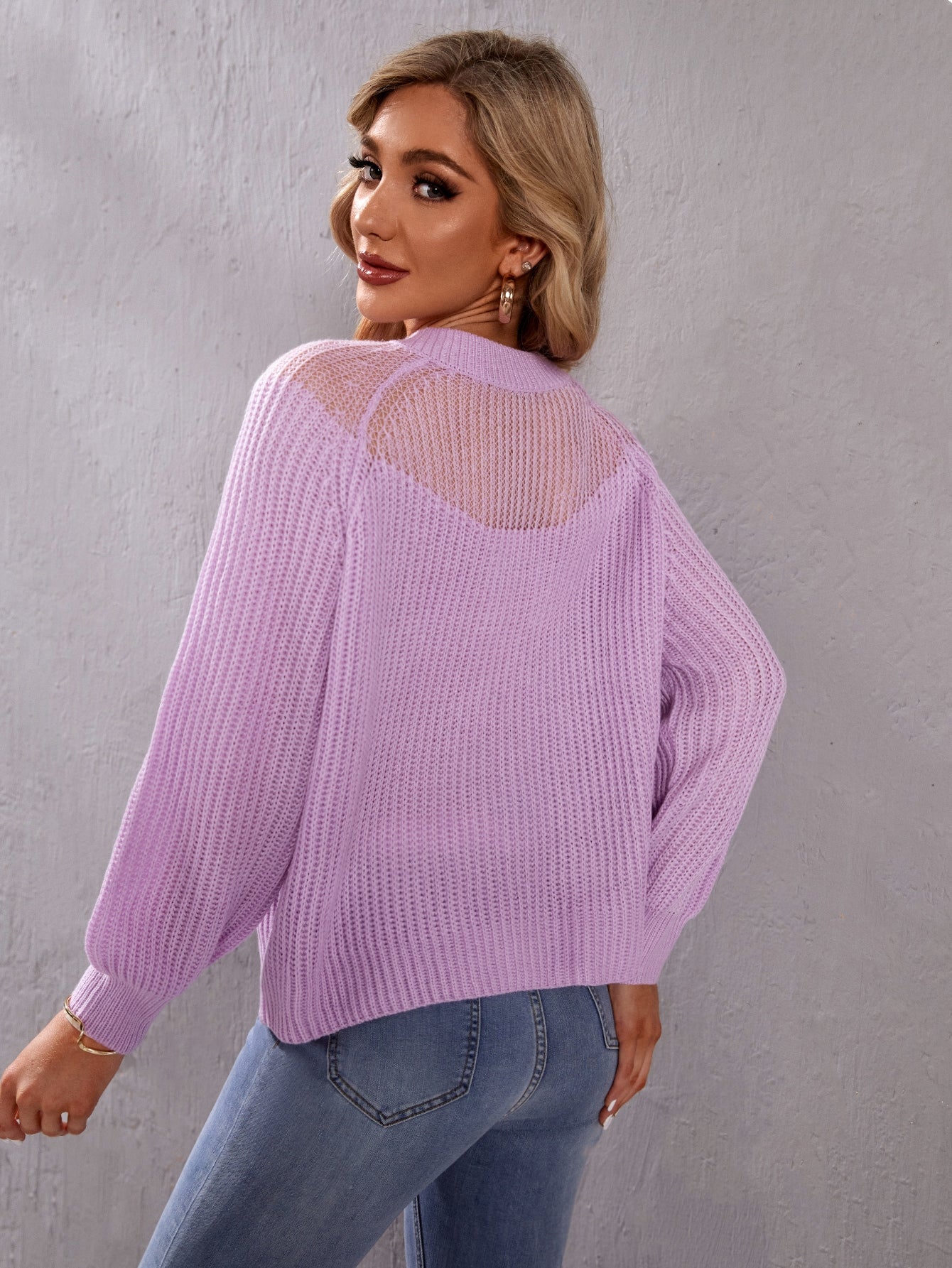 Mock Neck Raglan Sleeve Sheer Yoke Sweater