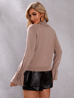Solid Mock Neck Drawstring Flounce Sleeve Sweater