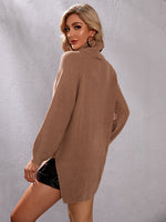 Turtle Neck Raglan Sleeve Slit Hem Sweater Without Belt