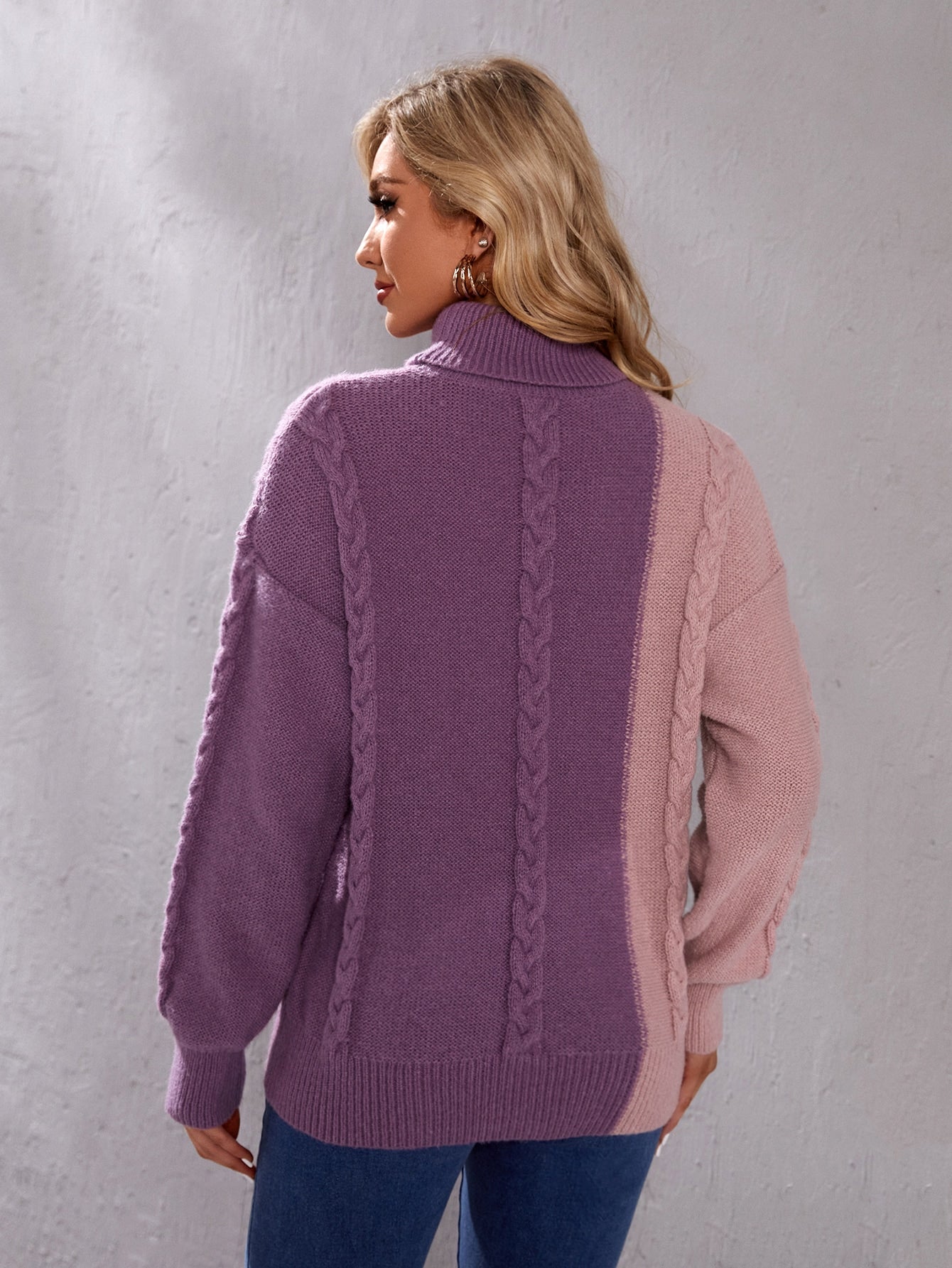 High Neck Colorblock Split Hem Sweater