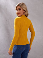 Mock Neck Button Front Rib-knit Sweater