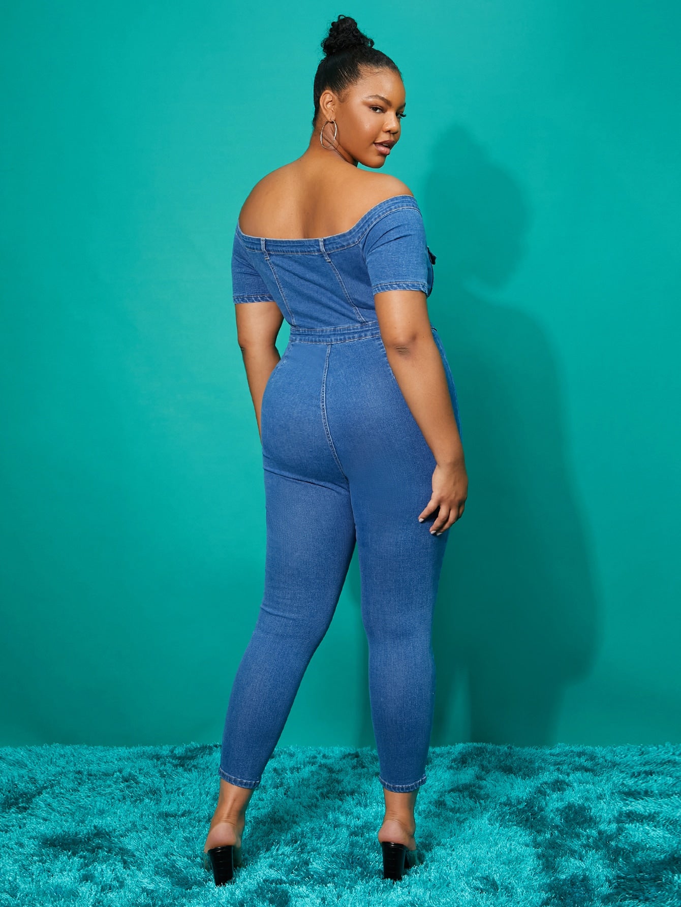 Plus Off Shoulder Flap Pocket Button Front Denim Jumpsuit