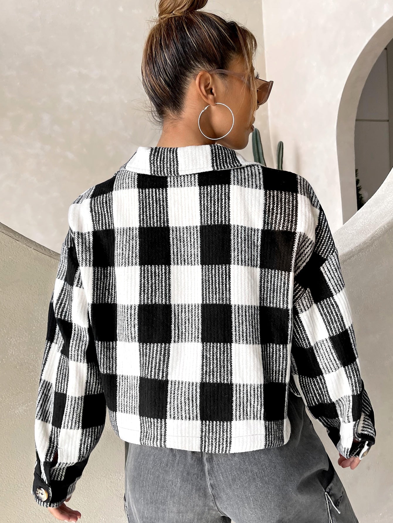 Buffalo Plaid Pattern Flap Pocket Drop Shoulder Wool-Mix Overcoat