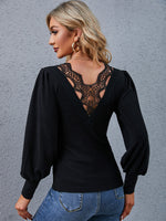 Contrast Guipure Lace Lantern Sleeve Tee