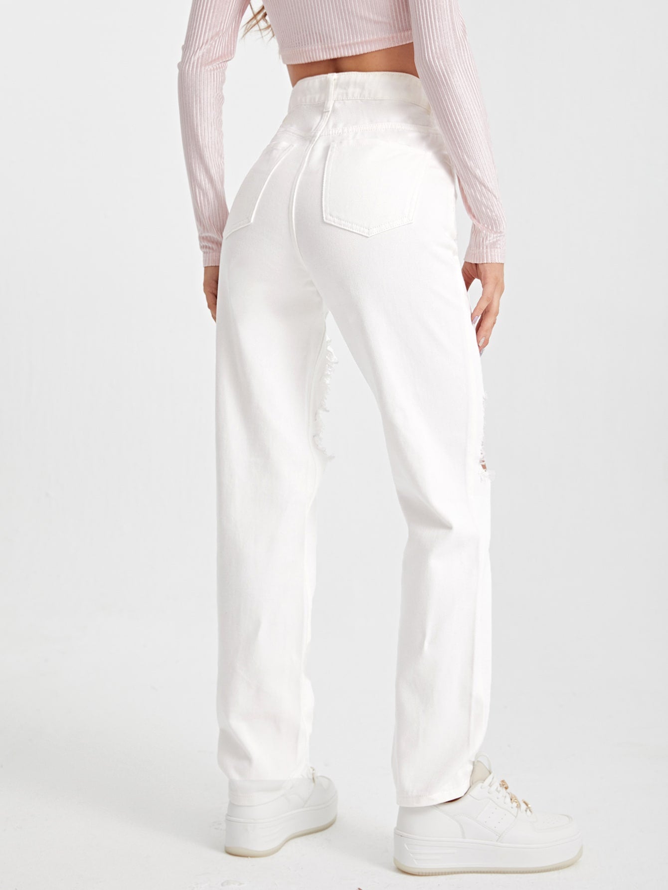 High Waist Ripped Cut Out Straight Leg Jeans