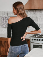 Asymmetrical Neck Ribbed Knit Top