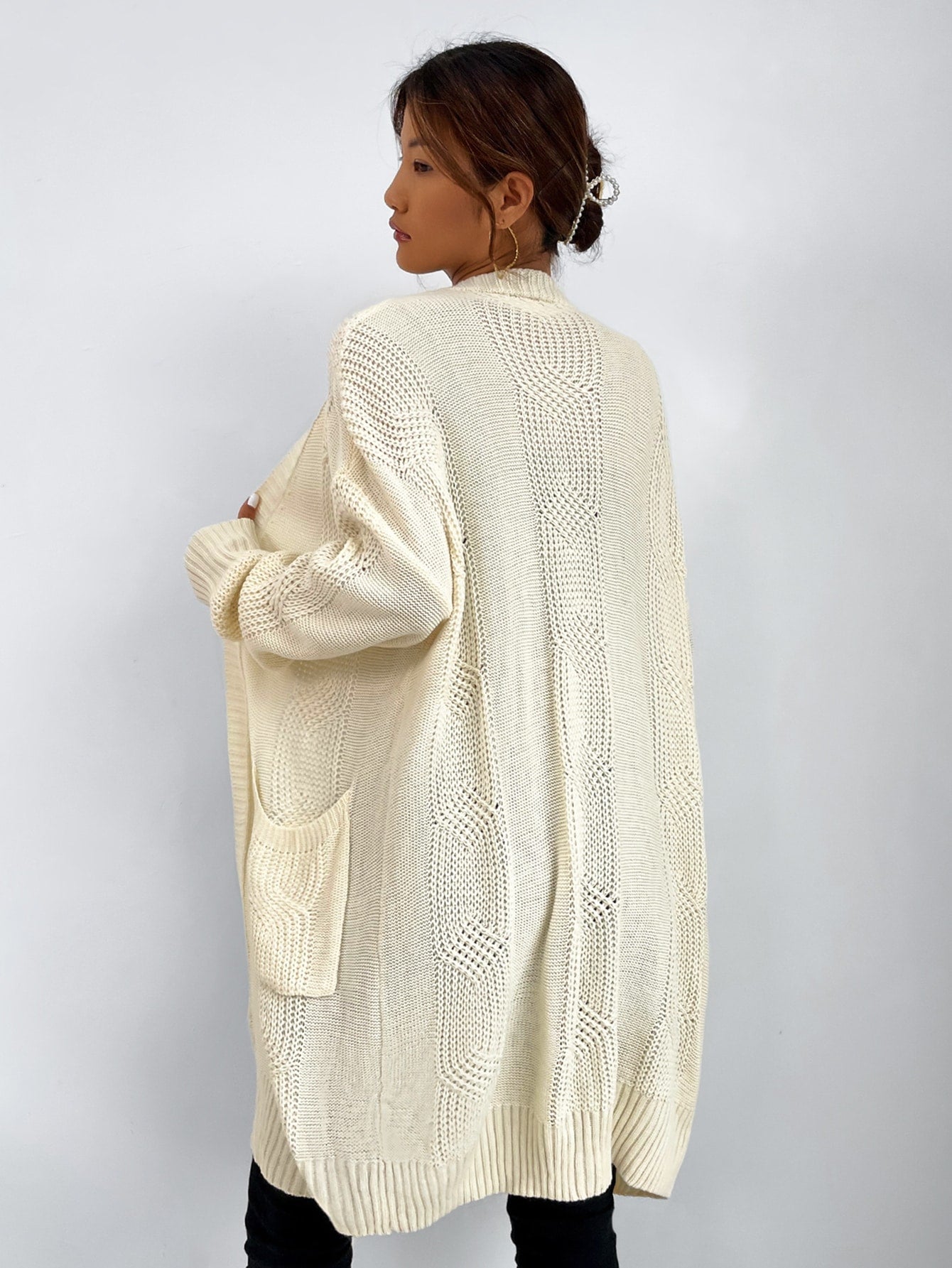 Drop Shoulder Double Pocket Open Front Cable Knit Longline Cardigan