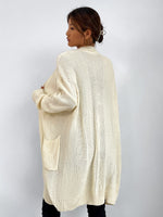 Drop Shoulder Double Pocket Open Front Cable Knit Longline Cardigan