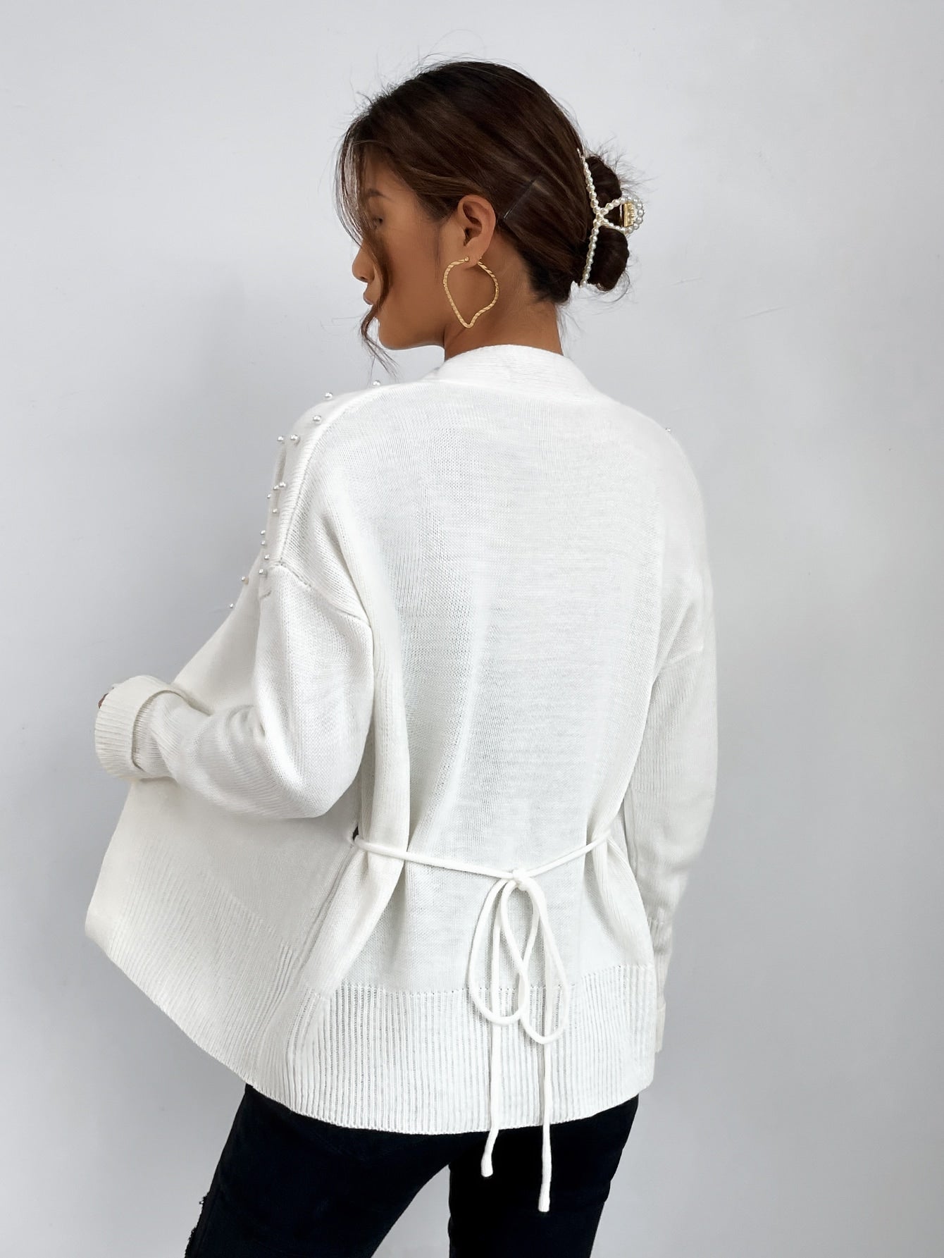 Pearl Beaded Drop Shoulder Belted Cardigan