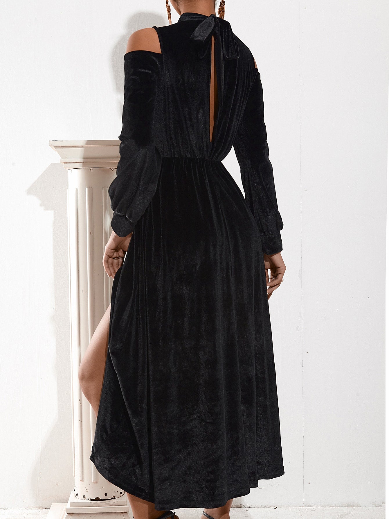 Split Tie Back Cold Shoulder High Low Velvet Dress