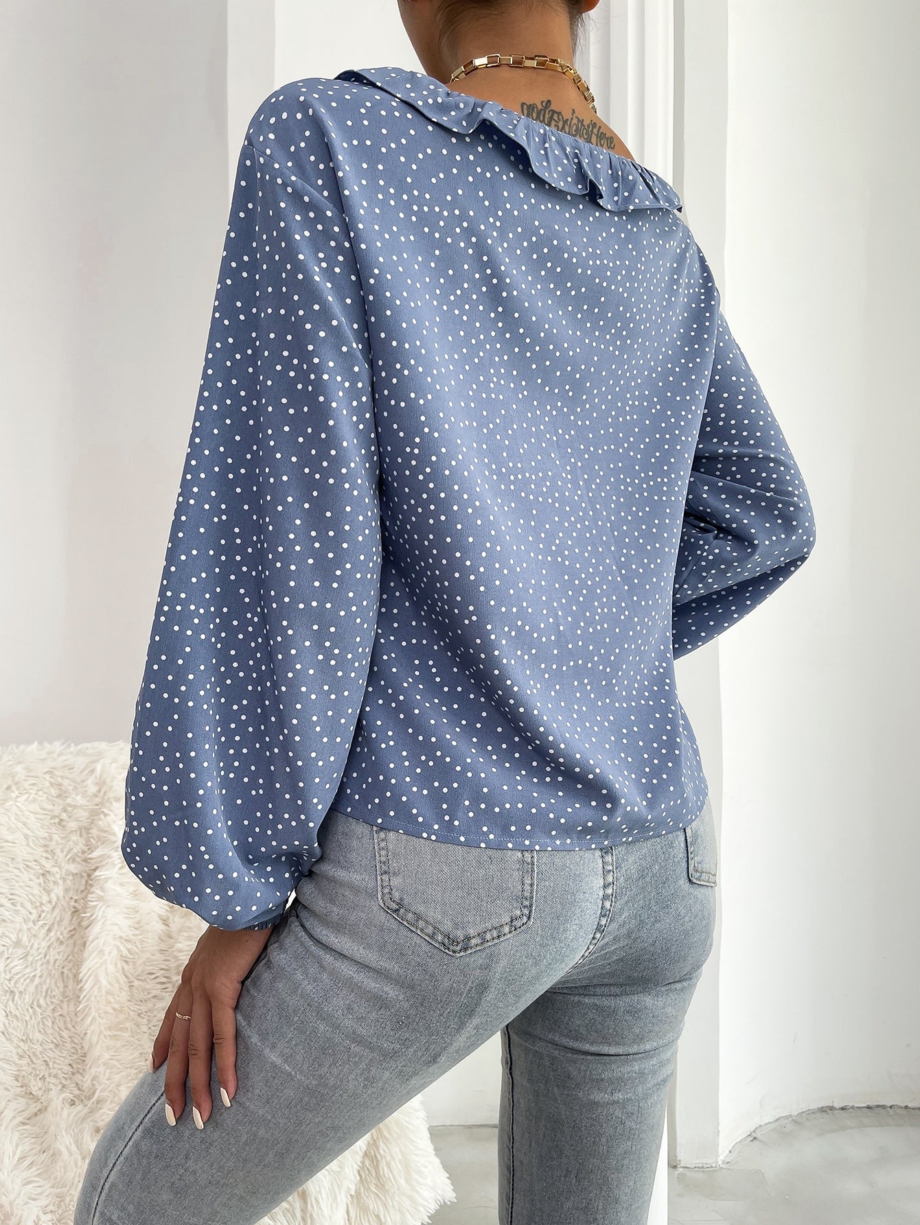 Polka Dot Lantern Sleeve Ruffle Trim Blouse
