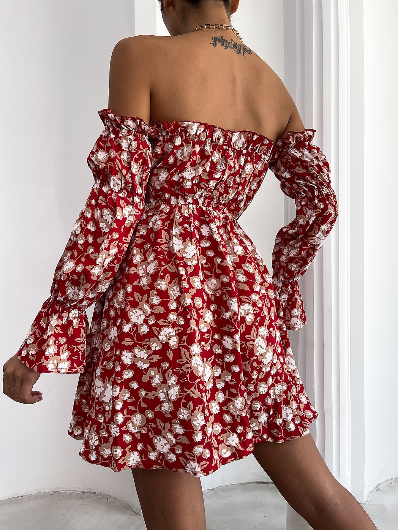 Allover Print Off Shoulder A Line Dress