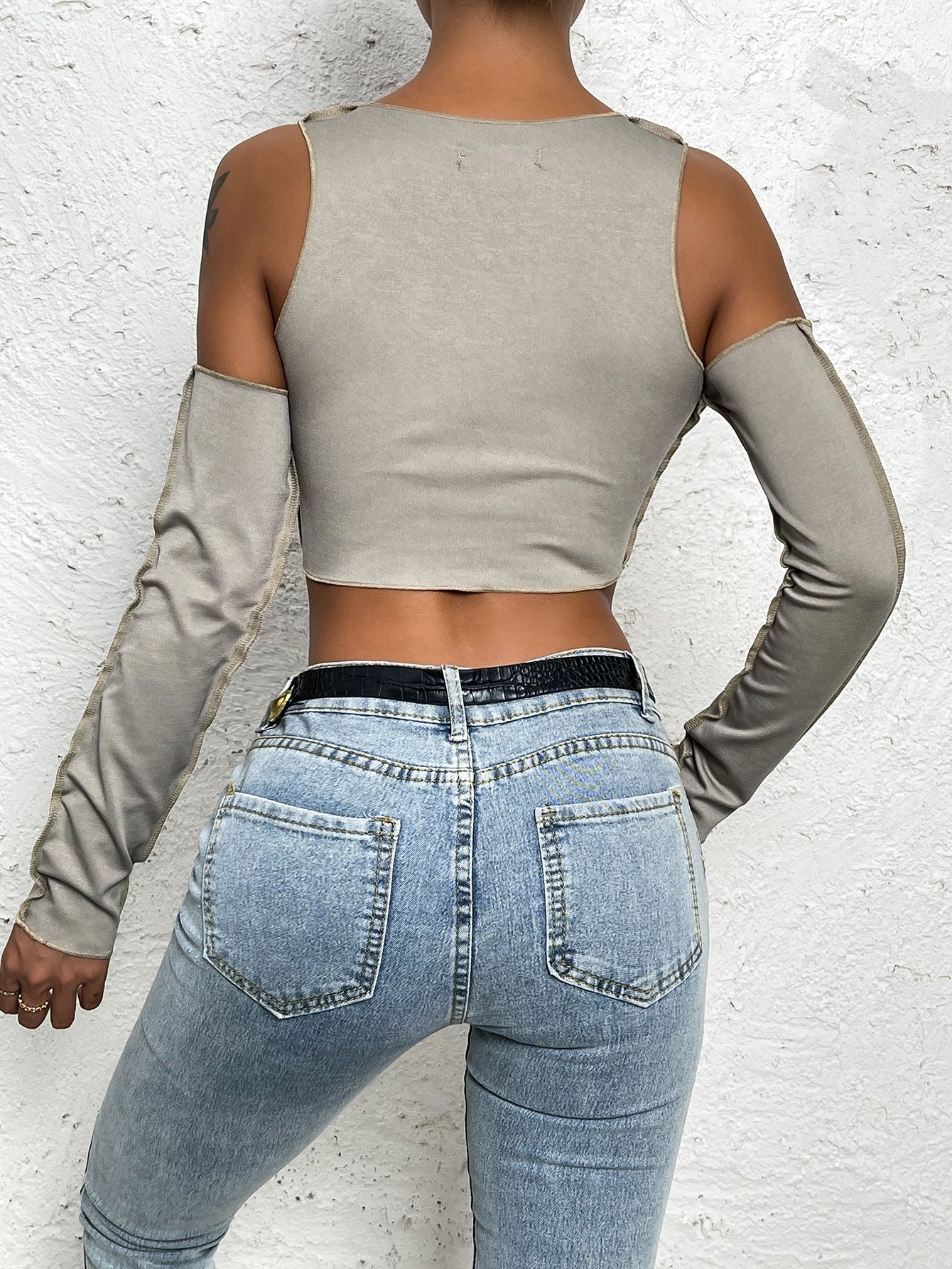 Lace Up Front Cold Shoulder Top-stitching Crop Tee