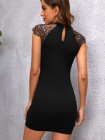 Cut Out Keyhole Back Contrast Lace Panel Bodycon Dress